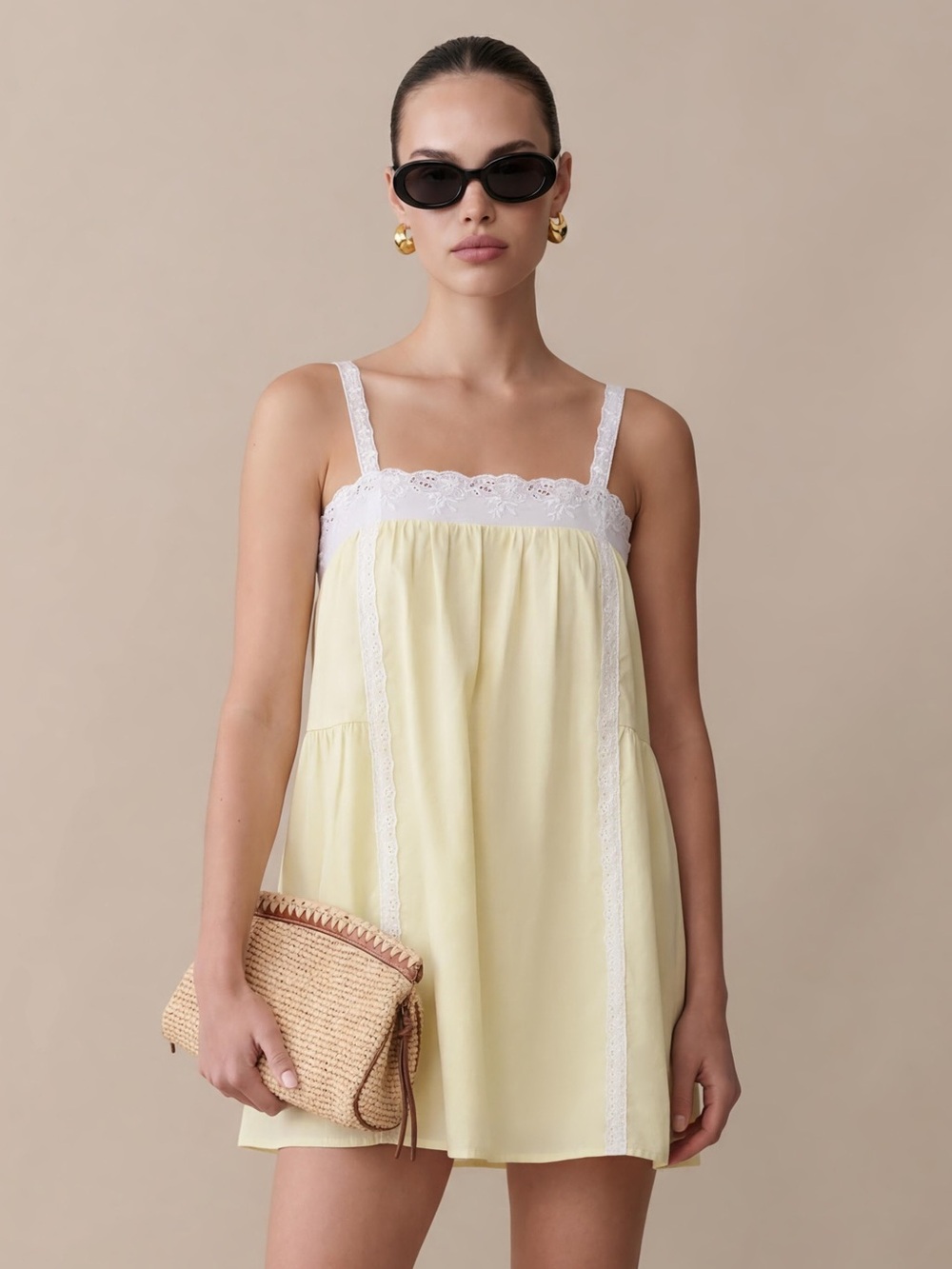 Lace-Trim Yellow Chemise with Delicate White Accents